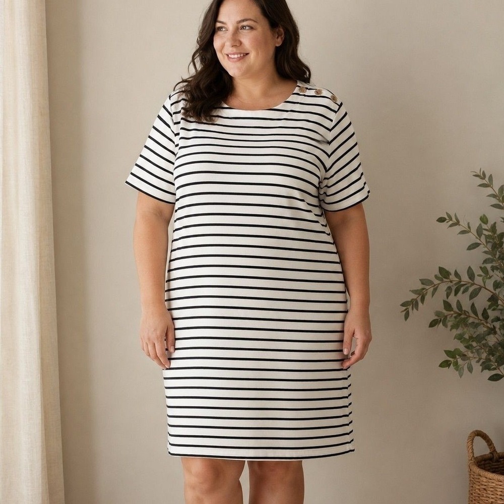 Reitmans Black White Striped Button Shoulder Short Sleeve Dress Coastal Size 2XL